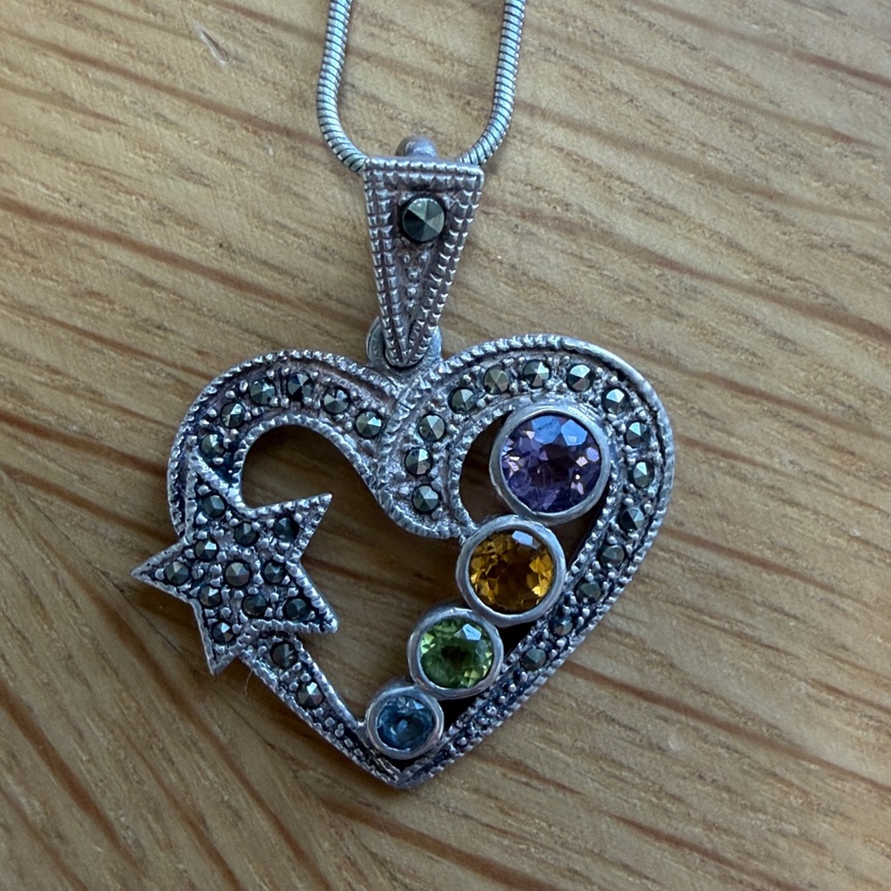 Sterling Silver Marcasite Heart Pendant Necklace with Multicolor Gemstones